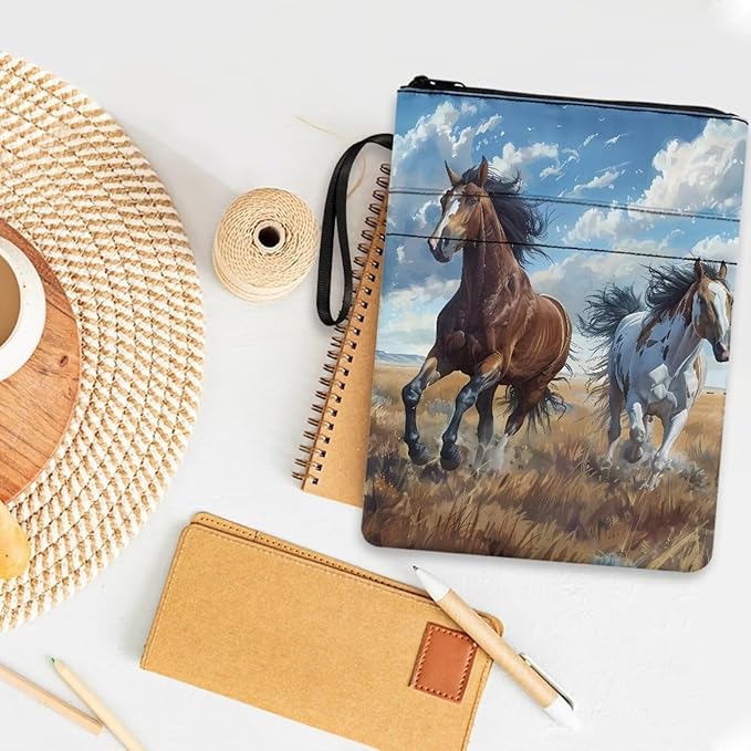 COEQINE Watercolorful Horses Book Cover Zippered Book Cover with Pen Holder Portable Book Pouch Book Lovers Hardcover Book Dust Cover Case Washable