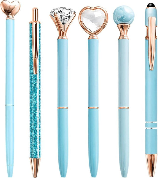 Fancy Pens for Women, 6 Pcs Blue Pens Ballpoint Pens Bulk, 1.0mm Medium Point Black Ink Pens for Note Taking, Cute Pens Smooth Writing Pens Gifts for Nurse Teacher (Blue)