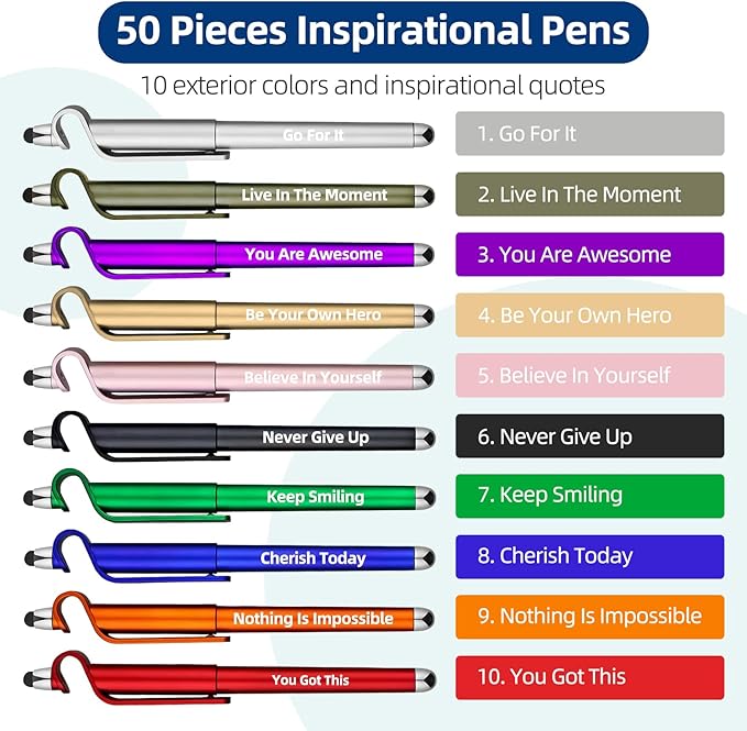 50 Pcs Inspirational Pens Batch, Motivational Ballpoint Pen with Writing Touch Screen And Mobile Phone Stand 3-in-1, Black Ink Office Encouraging Quotes, Office School Supplies Inspirational Gifts