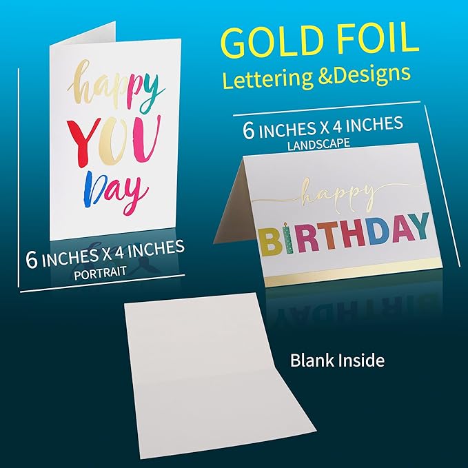 Happy Birthday Cards Bulk with Envelopes, 100 Pack, 10 Unique Gold Foil Designs, Organizer Box, Stickers, and Seals - 4x6 Inches, Thick Card Stock Set, Ideal for Kids, Men, Women, and Elderly