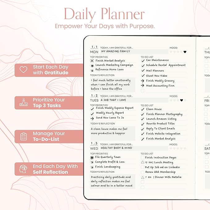 2025 Planner, Daily Journal & Gratitude Journal All-In-One with To Do List, Self Care Prompts & Habit Tracker - 7 x 10 - Pink