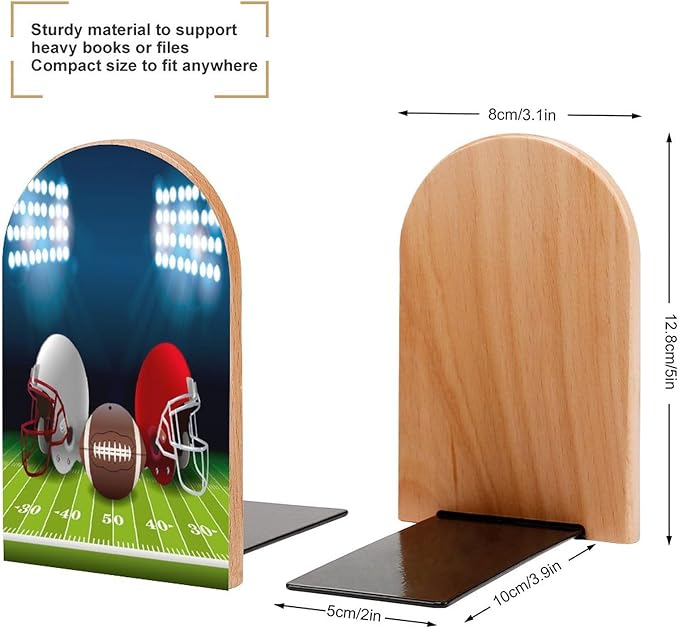 2 Pack Wood Bookends, Sport Ball Football Helmet Non-Skid Book Ends for Heave Books, Decorative Bookends for Shelves Desk, Book Stoppers Book Holders for Home Office Library School