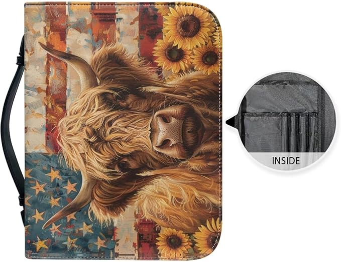 Lotusorchid American Flag Highland Sunflower Bible Covers for Women Waterproof Bible Bag Leather Men Bible Carrying Case Church Bag Bible Protective with Handle and Zippered Pocket