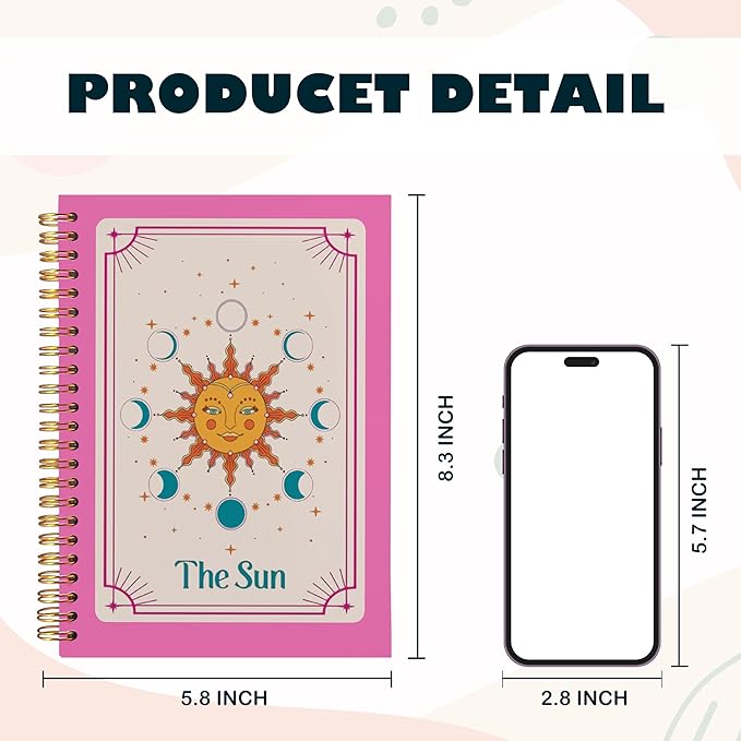 BearCake Preppy Pink Tarot Card the Sun Notebook Journal, Witchy Notebook, Witchy Gifts, Pink Office Supplies, Pink Aesthetic Notebooks, Pink Desk Accessories, Hardcover Spiral Notebook 5.5x8.3