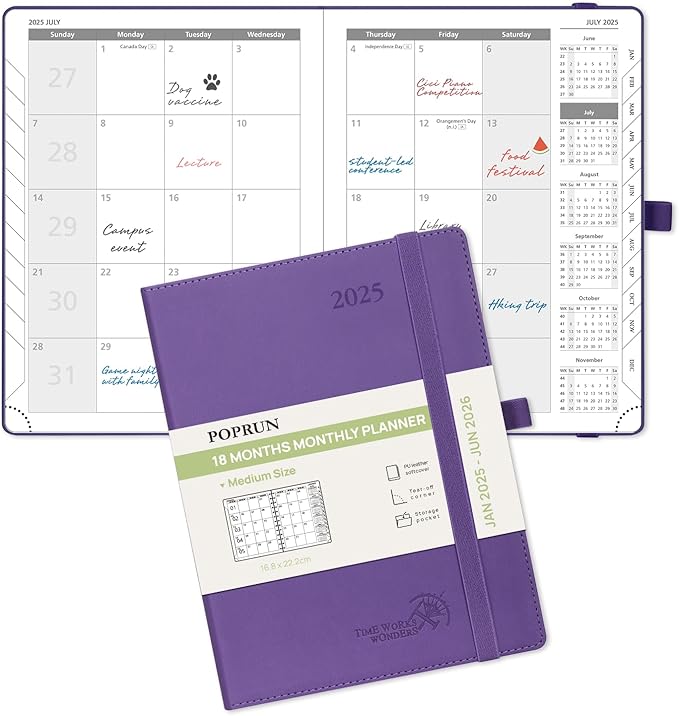 POPRUN Monthly Planner 2025-2026 (Medium- 6.5'' x 8.5'' Soft Cover), 18-Month Calendar Book (January 2025-June 2026), Calendar Planner with Monthly Tabs & Pocket, 100 GSM Paper - Purple