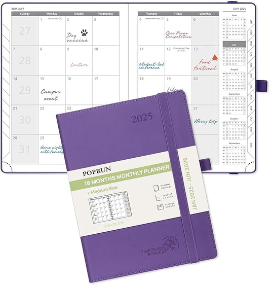 POPRUN Monthly Planner 2025-2026 (Medium- 6.5'' x 8.5'' Soft Cover), 18-Month Calendar Book (January 2025-June 2026), Calendar Planner with Monthly Tabs & Pocket, 100 GSM Paper - Purple