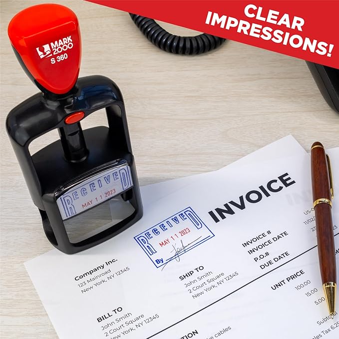 Self-Inking Rubber Date Office Stamp with Scanned Phrase - Blue Ink & Date Red Ink - 12-Year Band