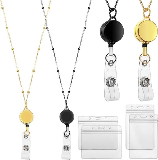 Outus 2 Pieces Badge Lanyard with ID Holders Stainless Steel Badge Holders Necklace Retractable Reel Clip Chain Water Resistant Name(Gold, Black)