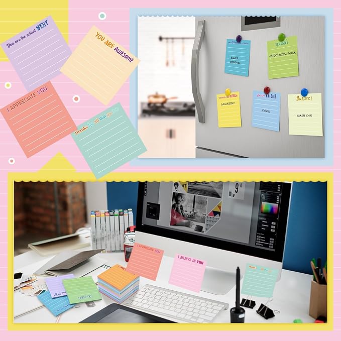 Yinder 24 Pcs Inspirational Sticky Notes with Lines Cute Motivational Sticky Notes Pad Employee Appreciation Gifts Bulk for Teacher Nurse Coworkers Office Supplies 3 x 3''(Light Color,Thankful)