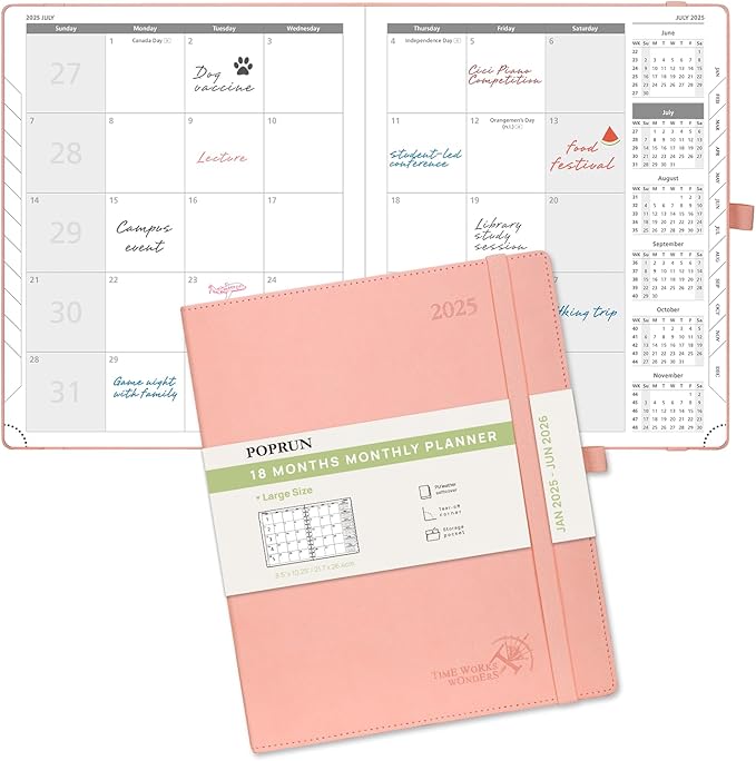 POPRUN Monthly Planner 2025-2026 (Large- 8.5" x 10.5" Soft Cover), 18-Month Calendar Book (January 2025-June 2026), Calendar Planner with Monthly Tabs & Pocket, 100 GSM Paper - Pink