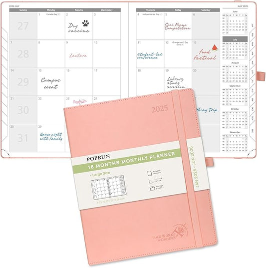 POPRUN Monthly Planner 2025-2026 (Large- 8.5" x 10.5" Soft Cover), 18-Month Calendar Book (January 2025-June 2026), Calendar Planner with Monthly Tabs & Pocket, 100 GSM Paper - Pink