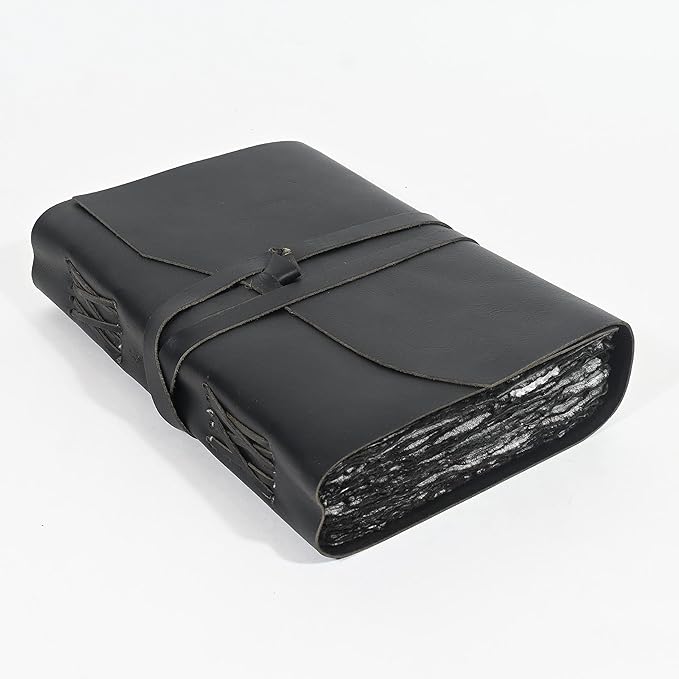 Vintage Black Leather Journal - 200 Pages Gray Deckle Edge Rustic Paper, Unlined Pages Book of Shadows, Grimoire, Junk Notebook, Fantasy Medieval Gifts, Sketchbook, Scrapbook (Raven Black, 12"x9")