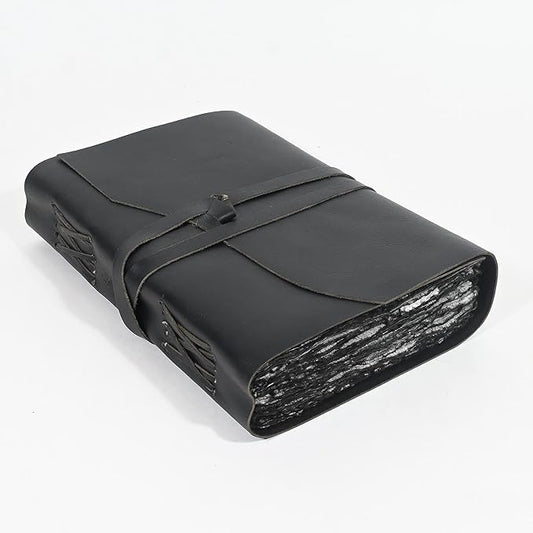 Vintage Black Leather Journal - 200 Pages Gray Deckle Edge Rustic Paper, Unlined Pages Book of Shadows, Grimoire, Junk Notebook, Fantasy Medieval Gifts, Sketchbook, Scrapbook (Raven Black, 12"x9")