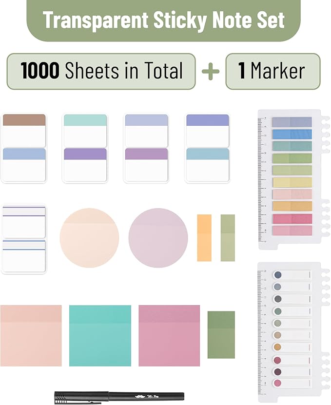 Mr. Pen- Transparent Sticky Note Set, 1000 Sheets, Colorful, Transparent Sticky Notes Set, Bible Sticky Notes Clear Sticky Notes Transparent, Bible Notes, Transparent Sticky Notes for Bible Study