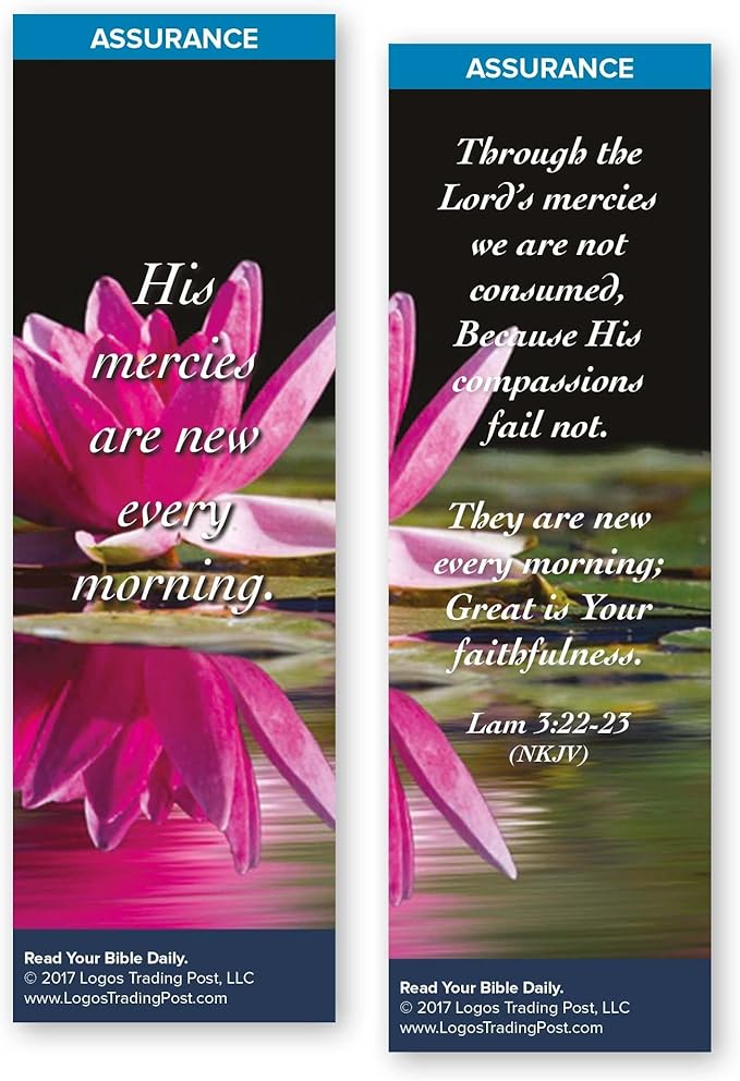 Christian Bookmark with Bible Verse, Pack of 25, Assurance Themed, His Mercies Are New Every Morning, Lamentations 3:22-23