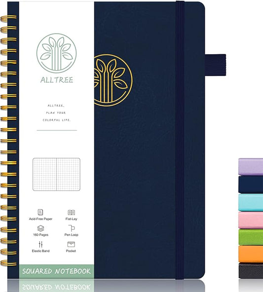 Alltree Large Graph Notebook Journal, Spiral Grid Notebook for Work, Hardcover Spiral Notebook with Pen Loop, Pocket, Stickers, 160 Pages, Journal for Women & Men, Navy Blue(6"x8.5")