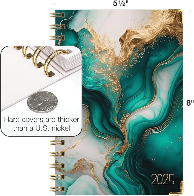 HARDCOVER 2025 Planner, 5.5"x8": 14 Months (November 2024 - December 2025), Daily Weekly Monthly Planner, Yearly Agenda, Bookmark, Pocket Folder and Sticky Note Set (Teal Gold Marble)