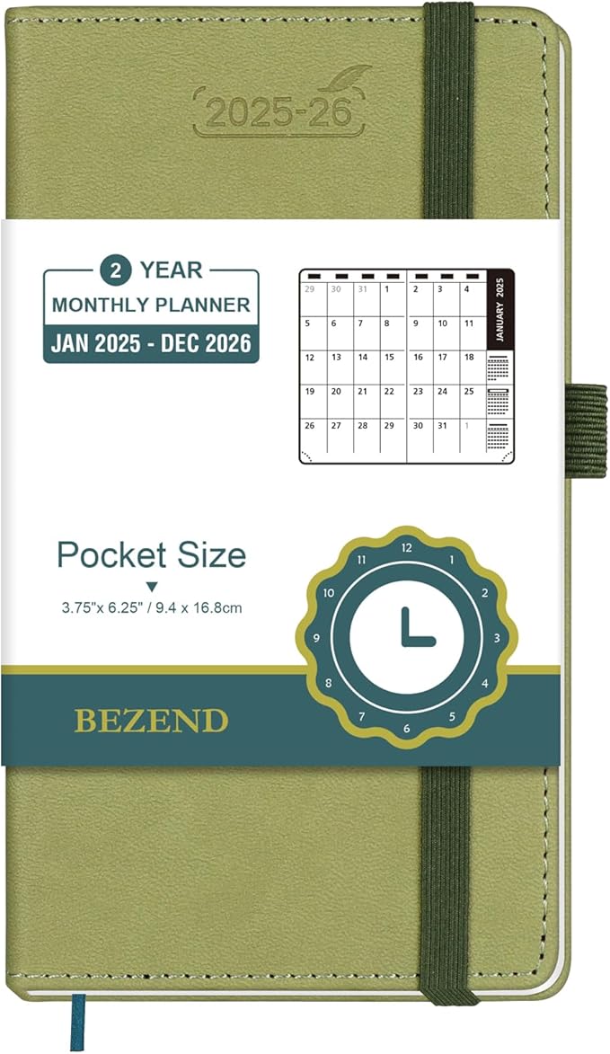 BEZEND 2 Year Pocket Calendar 2025-2026 - Small Monthly Planner for Purse 6.5" x 3.5", Runs Jan 2025 to Dec 2026, 100 GSM Paper, Pen Loop & Notes, PU Leather Hardcover in Kiwi