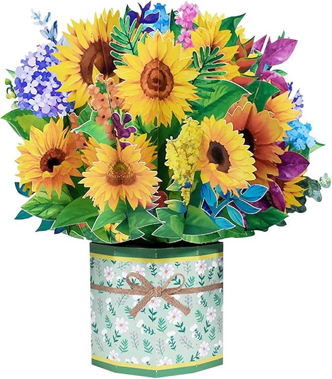 Sunflower Bouquet Pop Up Card, 3D Flower Greeting Card with Envelopes for Any Occasion, Birthday, Mother's Day, Anniversary, Valentines Day, Handmade Gifts, Foldable Flower Cards for Friends