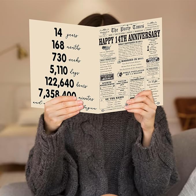 YiKaLus Large 14th Anniversary Card Gift for Him Her, Vintage 14 Year Wedding Anniversary Decoration for Women Men, 14th Aday Gifts for Husband Wife