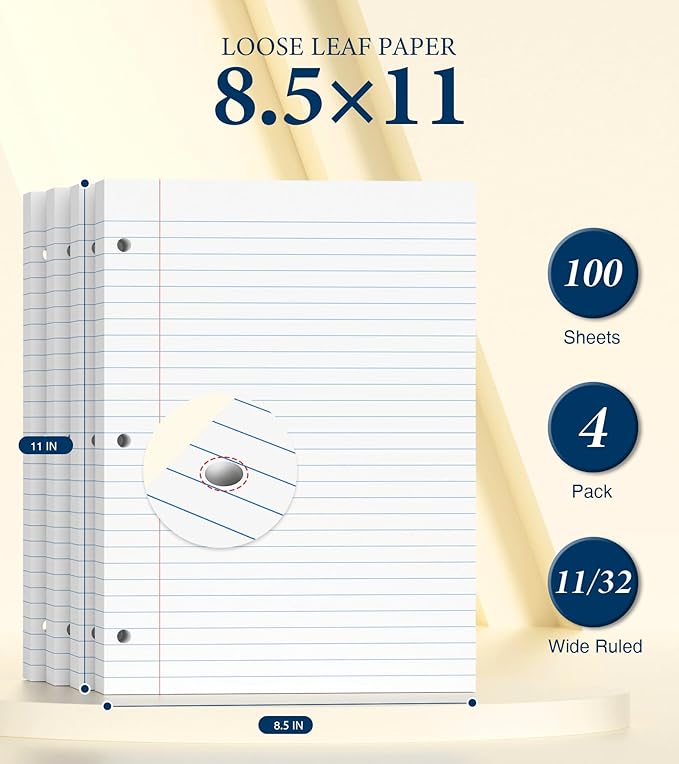 8.5 x 11 Wide Ruled Paper, Loose Leaf Paper, 3 Hole Punch Paper 8.5 x 11 WhiteLoose Leaf Notebook Paper for 3 Ring Binders, Notebook Paper,Filler Paper,Lined Paper, 400 Sheets Writing Paper (4 Pack)