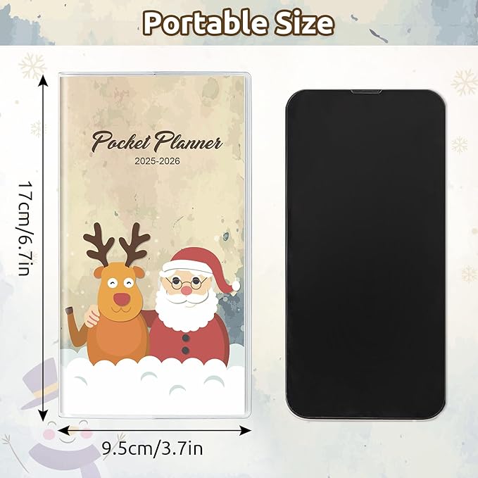 Christmas Pocket Calendar 2025-2026, 2025 Monthly Planner - 3.7" x 6.7" - Runs from January 2025 until December 2026, 2025 Pocket Planner with PVC Cover for Planning, Beige