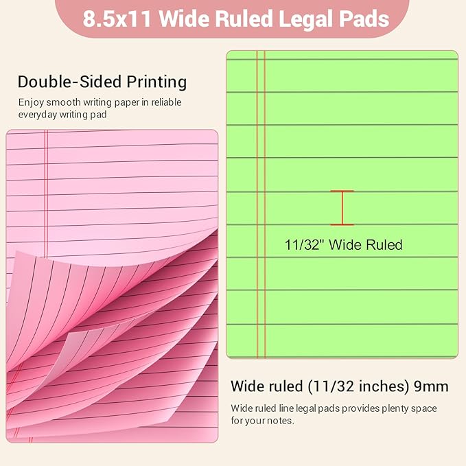 Legal Pads 8.5 x 11 Inch, 6 Pack, Colored Notebook Paper, 8.5 x 11 Colored Legal Pad, Micro Perforated Lined Paper Notepads 8.5 x 11, 30 sheets, Colored Paper Writing Pads for Office Home School