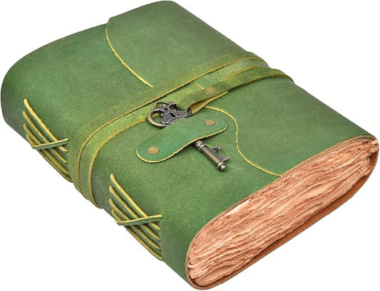 LEATHER VILLAGE Vintage Leather Journal – 200 Handmade Vintage Deckle Edge Paper – Leather bound Journal For Women Men – Vintage Key Closure - Book of Shadows - Green - 8X6 inches (A5)