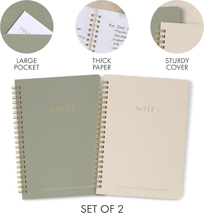 Aesthetic Spiral Notebook Set of 2 For Women and Men - Cute College Ruled 8x6 Bible Study Journal/Notebook with Pockets And Lined Pages - Perfect A5 Supplies to Stay Organized at Work or School