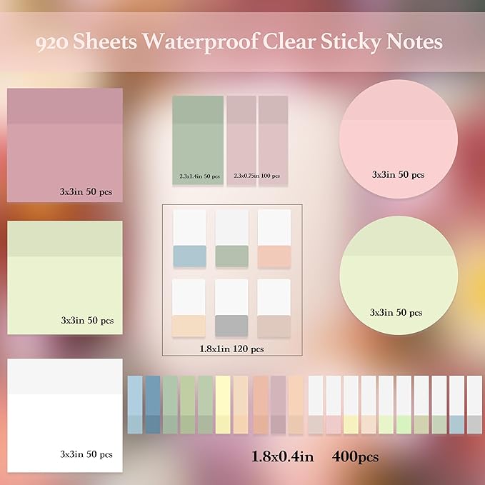 Transparent Sticky Notes,920 Sheets Waterproof Clear Sticky Notes,Clear Post It Notes Transparent for Bible Study Supplies,Office School Supplies,Book Annotation