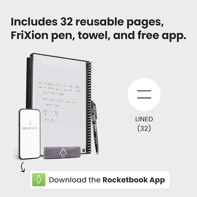 Rocketbook New Core Reusable Spiral Notebook, Letter Size 8.5x11, Navy Blue - Lined Pages, App-Connected, Erasable, Durable Cover, Ideal for School, Work, and Creative Projects