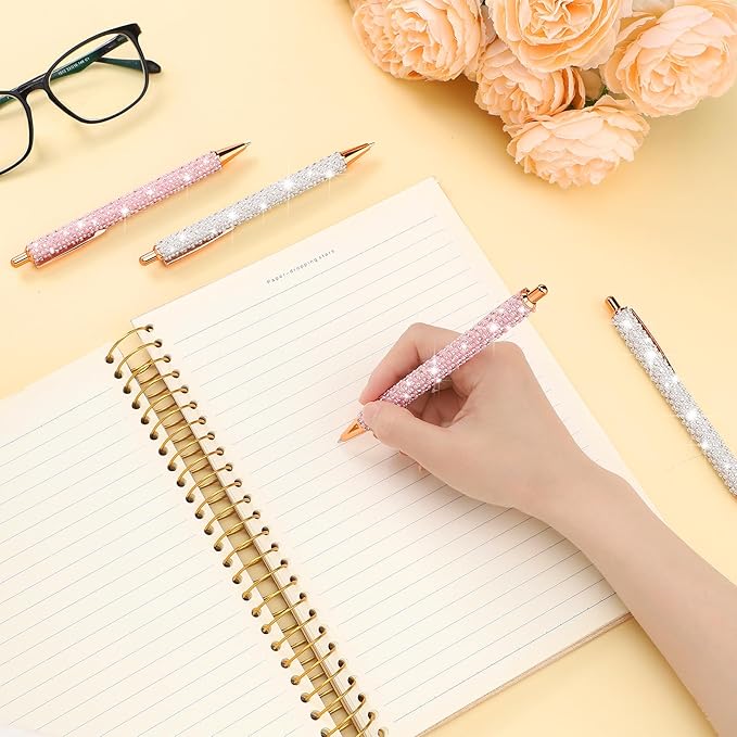 Ireer 4 Pcs Bling Rhinestone Sparkly Pens for Women Diamond Ink Crystal Glitter Metal Ballpoint Bedazzled Fancy Pens 4 Pcs 1.0mm Refills(Pink, White)