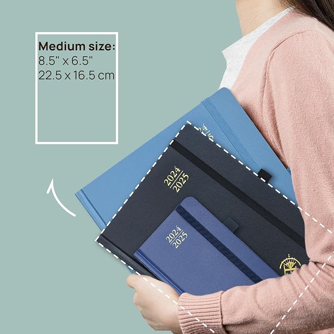 POPRUN Planner 2024-2025, [Medium 6.5'' x 8.5'' Hard Cover] Academic Calendar (July 24-June 25) Daily Weekly and Monthly Appointment Book with Hourly Time Slots, Monthly Tabs, 100 GSM - Light Yellow