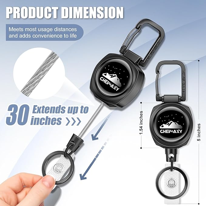 2 Pack Tactical ID Badge Reels, Cheimaxy Heavy Duty Carabiner Retractable Badge Holder, ID Card Holder, Retractable Keychain with 30IN Wire Rope, 8 OZ Weight Capacity