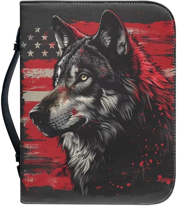 Lotusorchid American Flag Wolf Bible Bags, Faux Leather Bible Covers with Handle Pockets for Women, Portable Sturdy Bible Bag for Men, Christian Bible Study Accessories, Black and Red, XL