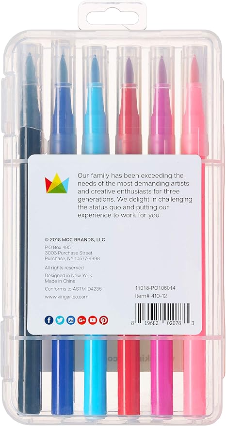 KINGART 'Watercolor-Effect' Brush Markers, 12 Colors - Brightly Colored Markers, Journaling, Lettering, Kids and Adult Coloring Books, and More, Comes with Durable and Convenient Carrying Case