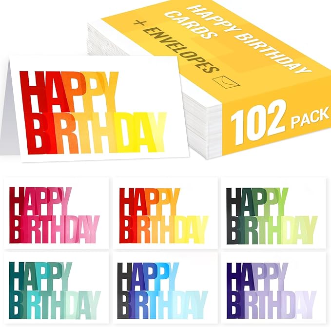 102 Pack Happy Birthday Cards Bulk Box Set with Envelopes 4 x 6 inch, Blank Inside, 6 Designs for Students, Work, Office, Colorful Ombre Font (Plus 102 Pack Envelopes)