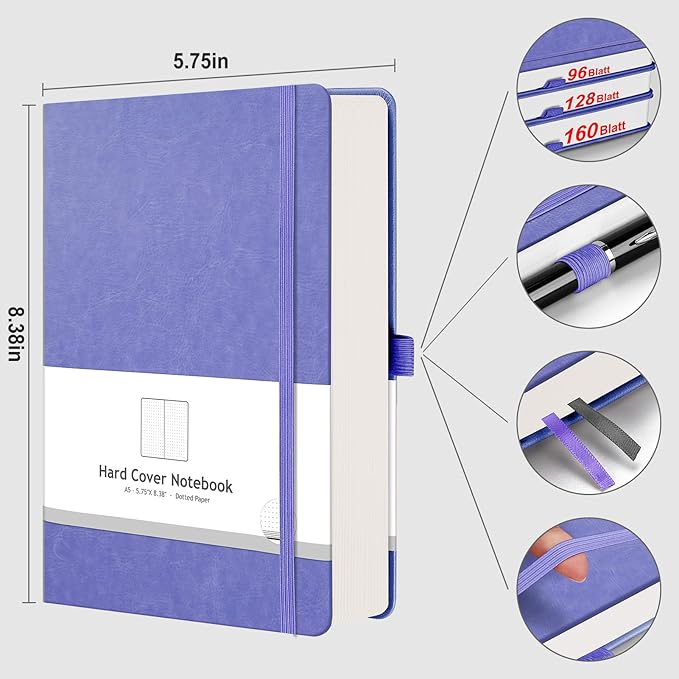 AHGXG Bullet Dotted Journal - 320 Numbered Pages Dot Grid Notebook A5 Thick Journal, 100gsm Thick Dotted Paper, Leather Hardcover,Inner Pocket, 5.75'' × 8.38''-Light Purple
