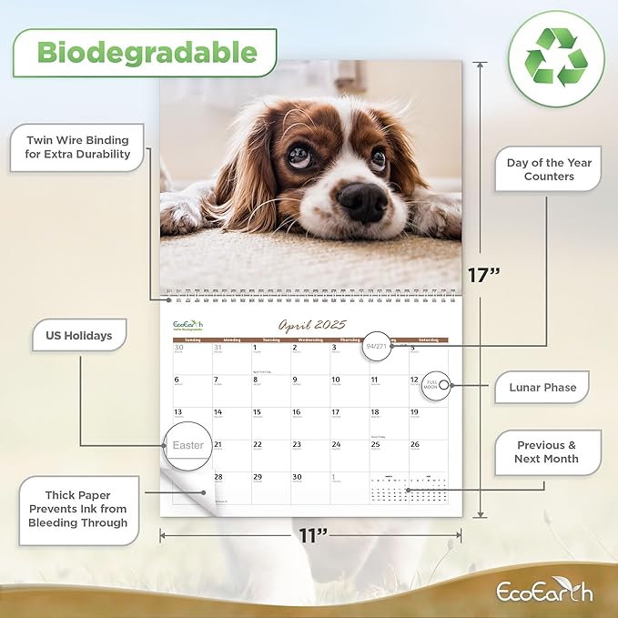 EcoEarth - Biodegradable 11x17 Inch (Open) 12-Month Vertical Hanging Wall Calendar - 2025 Monthly Calendar - Adorable Puppies