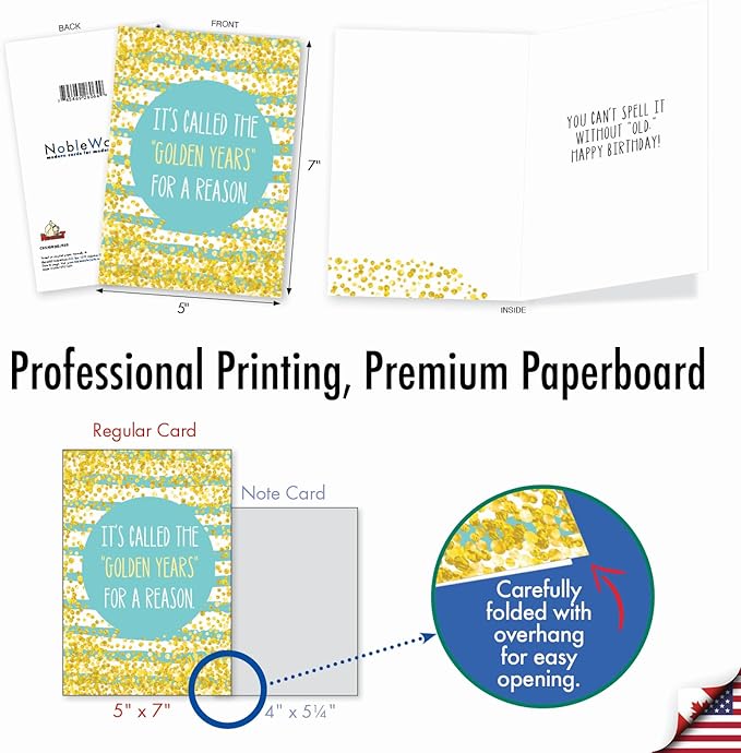 NobleWorks - Funny Happy Birthday Note Card with Envelope (4.63 x 6.75 Inch) - Bday Greeting Card for Women and Men - Congrats Bday Celebration Notecard - Golden Spelling C9570BDG