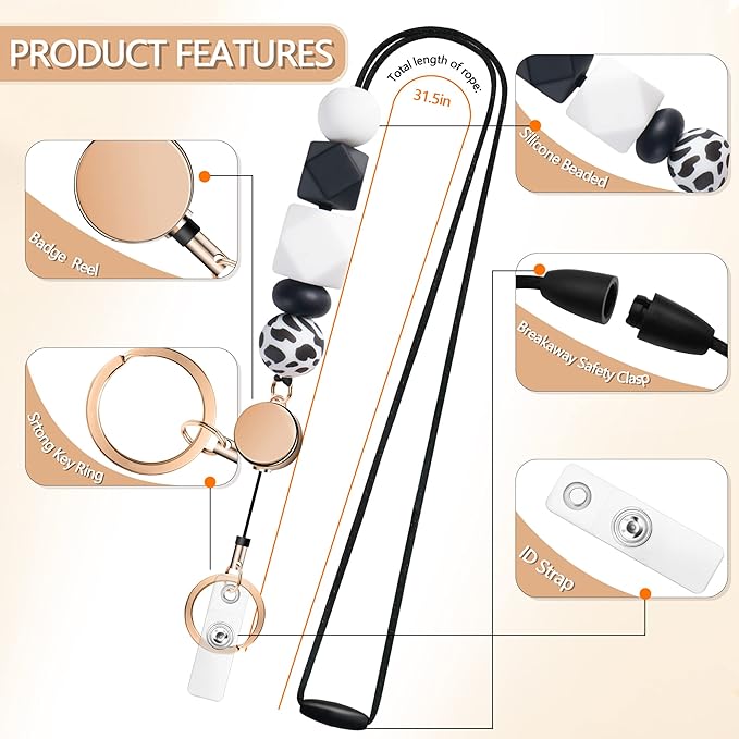 Retractable Lanyards for ID Badges and Keys, Cute Breakaway Teacher Lanyard with Badge Holders and Reels, Silicone Beaded Lanyard for Women, Nurses, Office with 2 Waterproof Card Holders