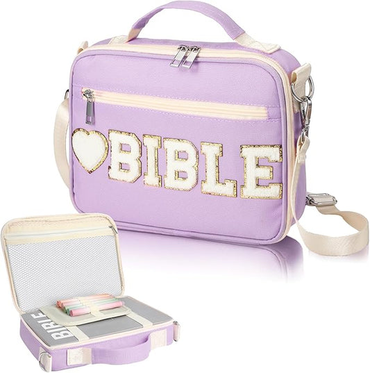 Silkfly Large Chenille Letter Bible Cover for Women Preppy Patch Bible Case Church Bible Bag with Handle(Purple)