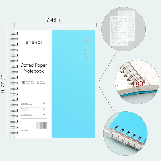 EMSHOI B5 Spiral Notebook Bullet Dotted Journal, Large 7.48" X 10.15", 300 Pages/150 Sheets, 100gsm Dot Grid Paper, Waterproof Hardcover, for Office School Women Men Work Writing Notes-Blue