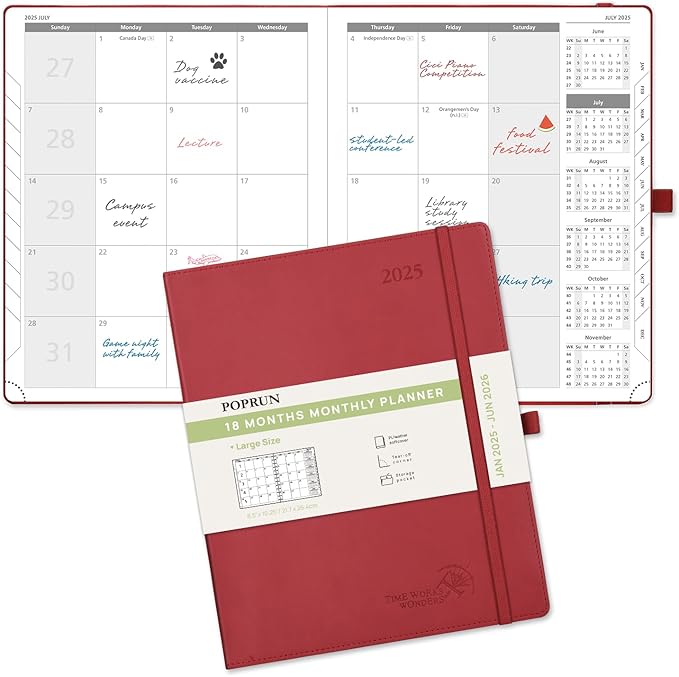 POPRUN Monthly Planner 2025-2026 (Large- 8.5" x 10.5" Soft Cover), 18-Month Calendar Book (January 2025-June 2026), Calendar Planner with Monthly Tabs & Pocket, 100 GSM Paper - Burgundy