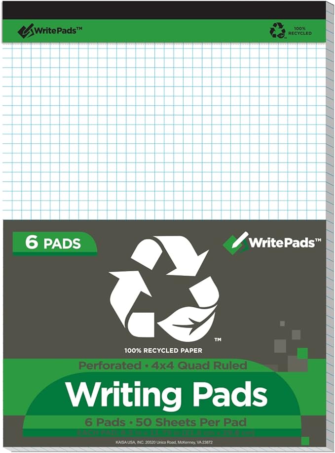 KAISA Legal Pad 4x4 Quad Ruled Writing Pads, Graph Ruled 8.5x11 Legal Pad Grid Paper Pads Recycled Note Pads, White 6pad, KSU-7525