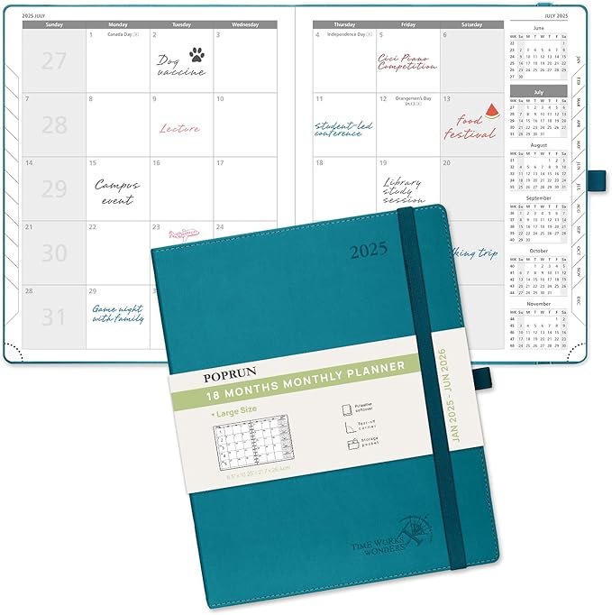 POPRUN Monthly Planner 2025-2026 (Large- 8.5" x 10.5" Soft Cover), 18-Month Calendar Book (January 2025-June 2026), Calendar Planner with Monthly Tabs & Pocket, 100 GSM Paper - Pacific Green