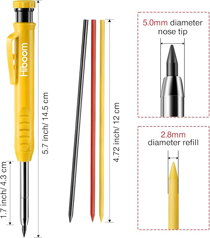 Hiboom 3 Pack Solid Carpenter Pencil with 21 Refill, Long Nosed Deep Hole Mechanical Pencil Marker with Built in Sharpener for Carpenter, Design Patent