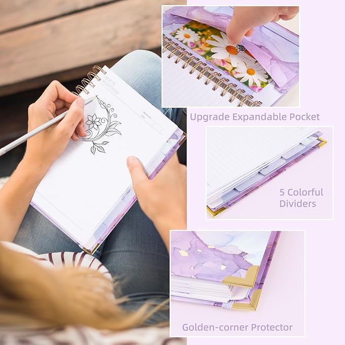 Spiral Notebooks for Work, 240 Pages Lined Spiral Journal Notebook, 5 Subject A5 College Ruled Journals for Writing, 8.6”x6.2''Journaling Notebooks for School Office Supplies(Purple Marble)