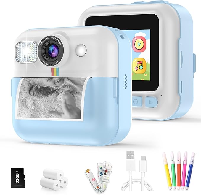 Kid Camera for Boys,Portable Toddler Blue Printing Camera Toy 1080P Video Cameras Children Instant Print Camera for Kids 3 Print Paper & 32G Card Christmas Birthday Gifts（Blue）