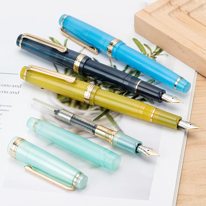 Jinhao 82 Acrylic Fountain Pen, Iridium Extra Fine Nib with Ink Converter, Transparent Sea Blue Classic Design Smooth Writing Pen (Gold Trim)